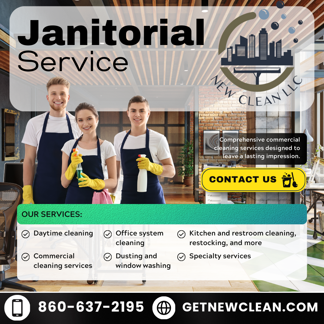 Janitorial Service flyer for New Clean LLC, featuring three cleaning professionals in uniform with cleaning supplies. Services listed include daytime cleaning, office system cleaning, dusting, window washing, and specialty cleaning. The flyer includes contact information for inquiries and a call-to-action button.