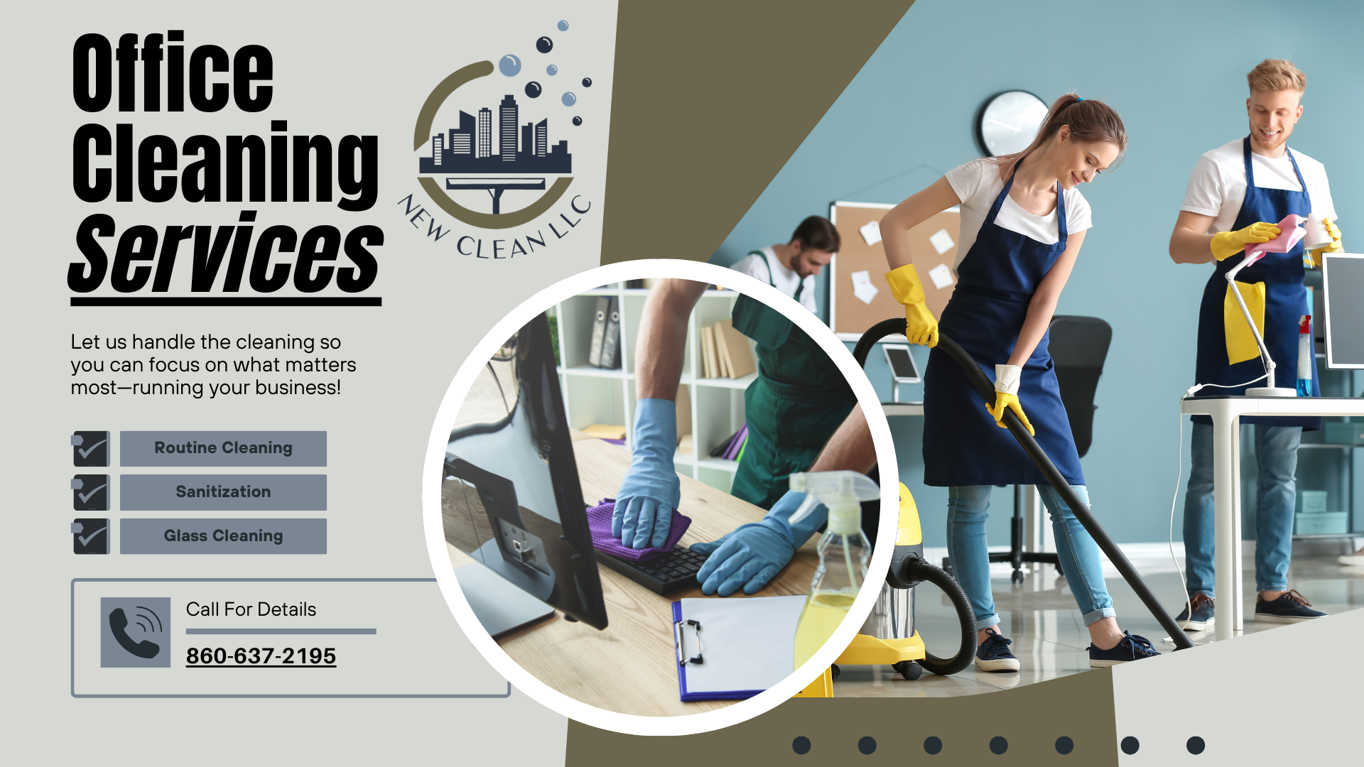 Office Cleaning Services flyer for New Clean LLC, showcasing professional cleaners working in an office environment. Includes key services like routine cleaning, sanitization, and glass cleaning. Contact information is also provided for inquiries.